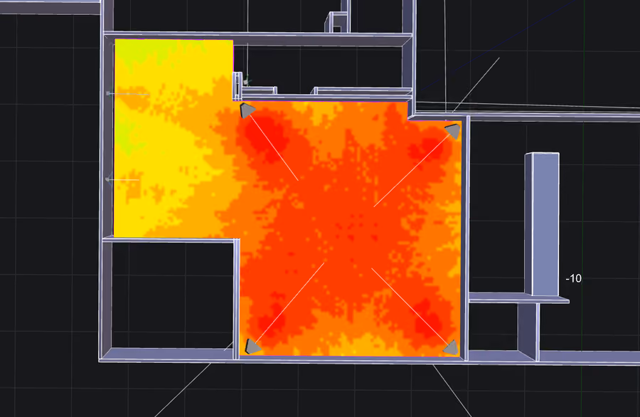 Acoustic coverage heatmap of a nightclub floor plan, showing even sound pressure across the dance floor.